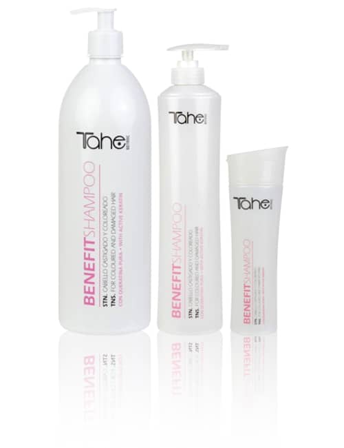 Tahe benefit shampoo para cabellos decolorados y castigados, de 300 ml y 800 ml.