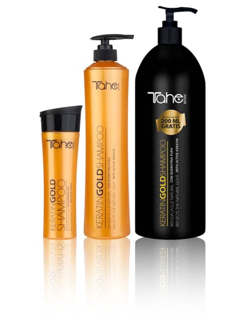 Tahe Keratin Gold shampoo para cabellos teñidos y mixtos, de 300 ml, 800 ml y 1.000 ml.