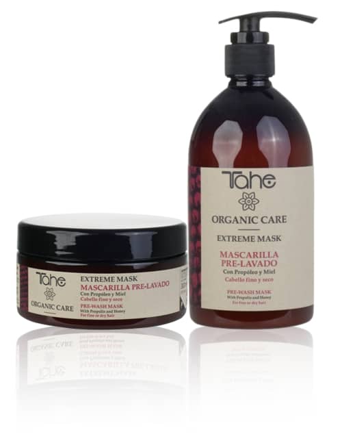 Tahe Organic Care extreme mask pre lavado mascarilla para cabellos finos y secos de 300 ml y 500 ml.
