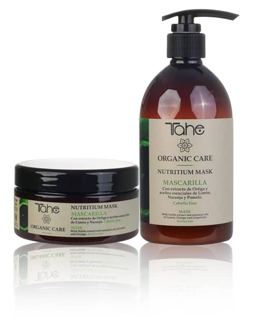 Tahe Organic Care nutritium mask, mascarilla para cabellos finos y secos de 300 ml y 500 ml.